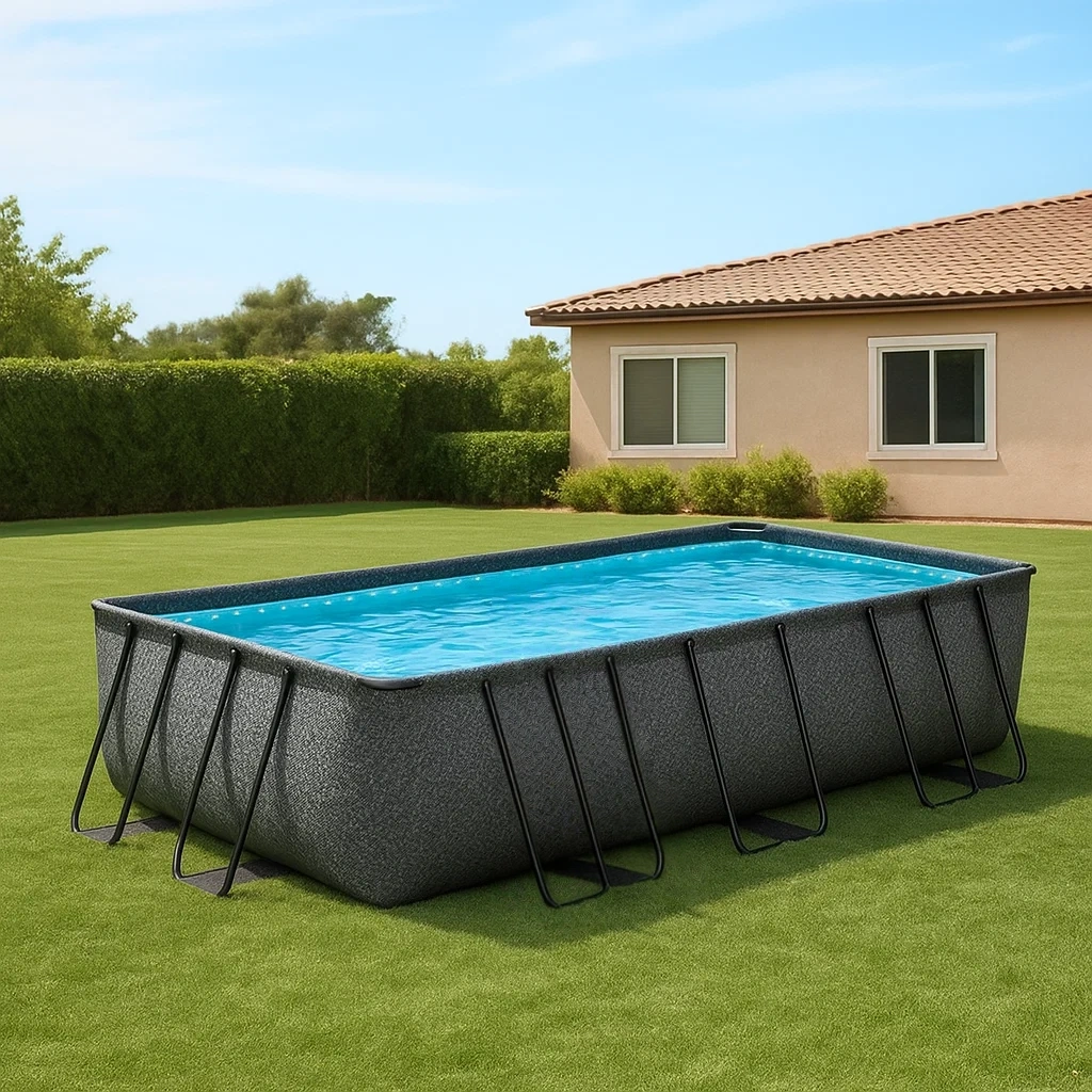 Piscine de jardin grise en acier et PVC, dimensions : 549 x 274 x 132 cm.