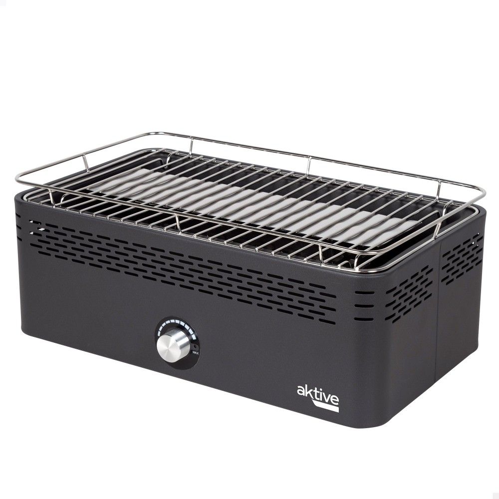 Barbecue portable au charbon de bois Aktive, rechargeable, sans fumée, dimensions 45 x 28 x 19 cm, avec protection anti-goutte.