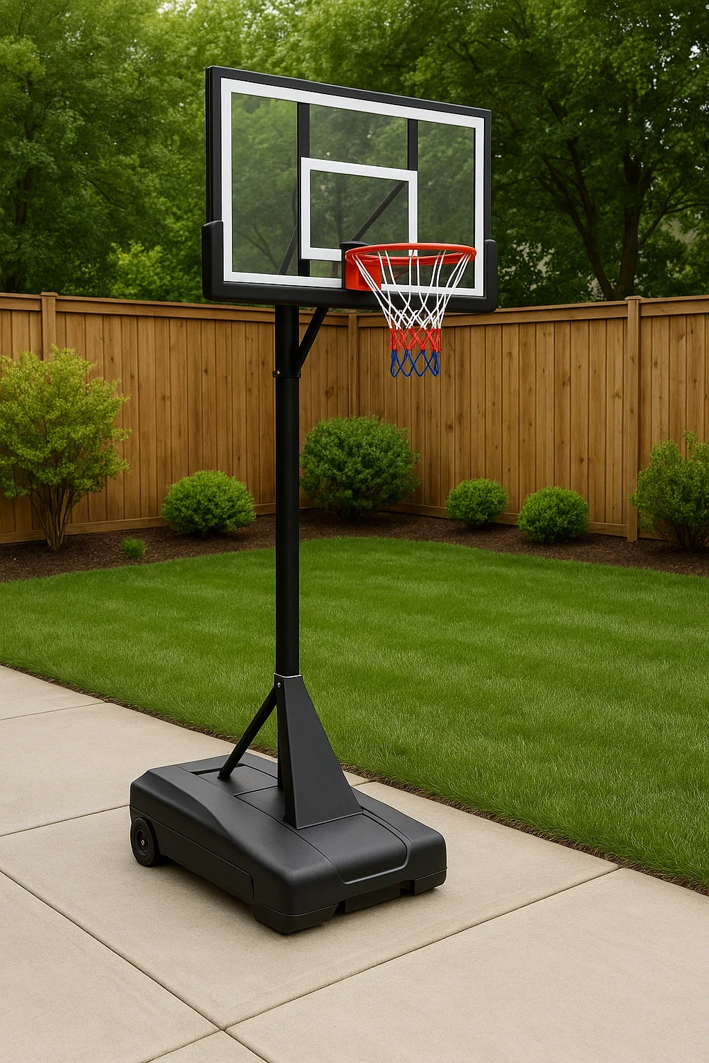 Panier de basket-ball en plastique noir avec base et roulettes, pour usage extérieur, dimensions approximatives : 110 x 75 x 305 cm (dVkFwZJ100WX)
