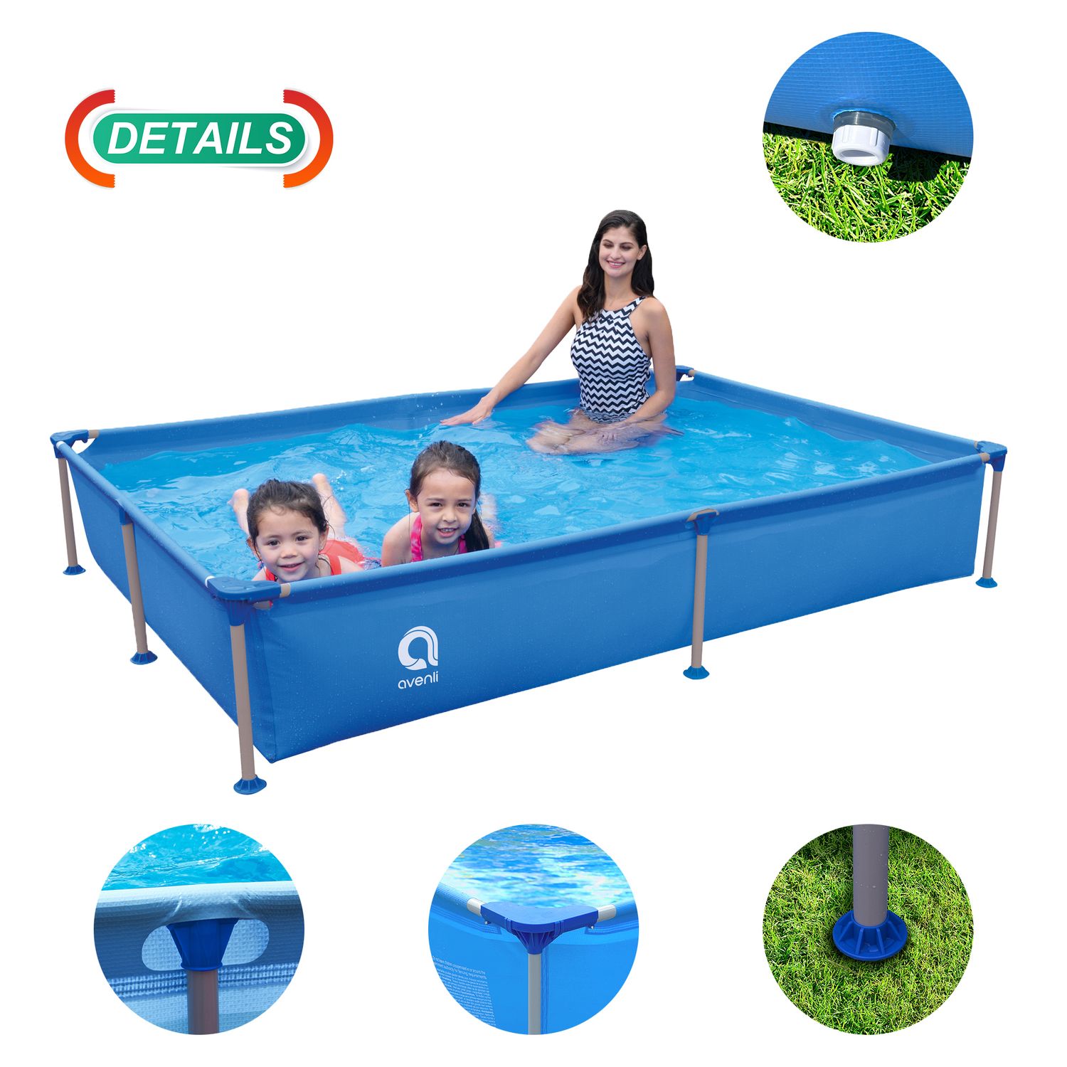 Piscine rectangulaire Avenli Steelsuper Frame. Capacité : 1 287 L. Dimensions : 228 cm x 159 cm x 42 cm.