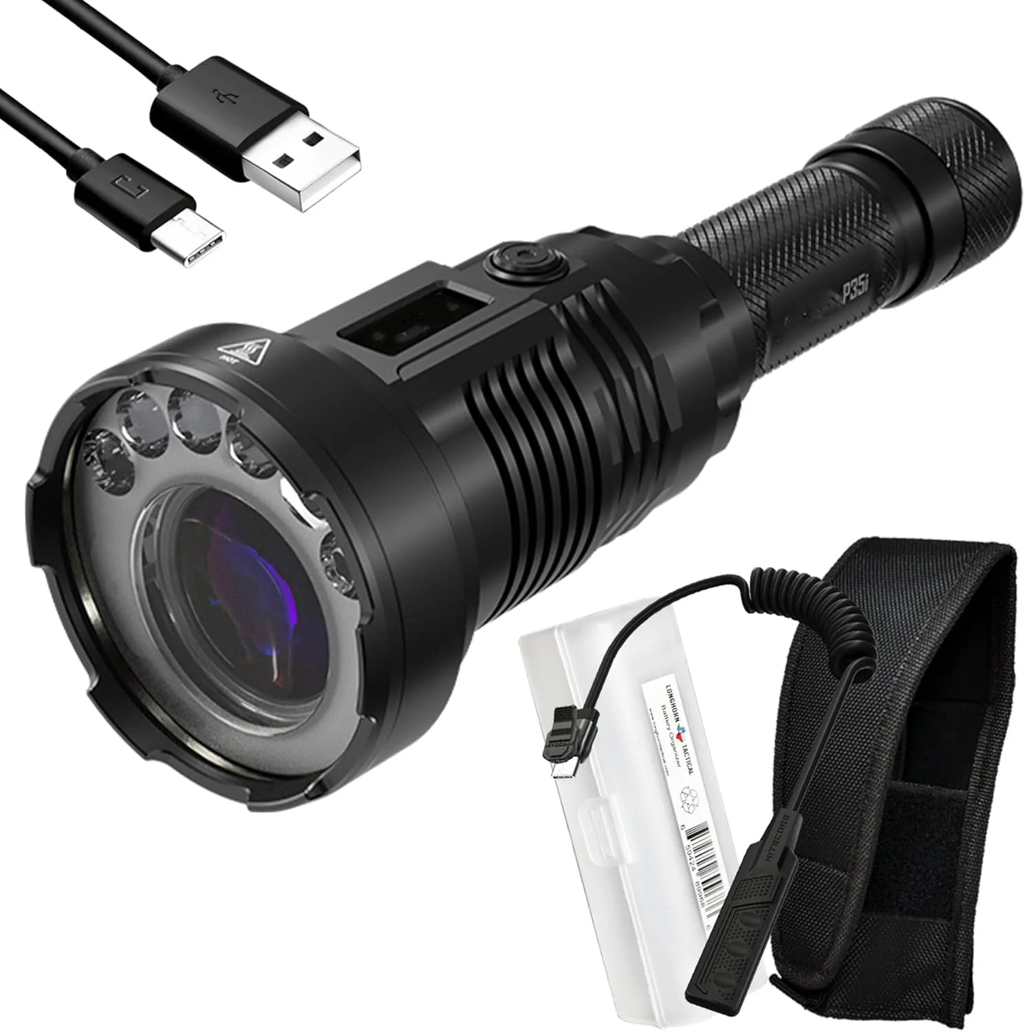 Lampe torche P35i LEP – 3000 lumens. Portée du faisceau de 1650 mètres. Rechargeable par USB-C avec organiseur LumenTac – Idéale pour la chasse, la recherche et le sauvetage.