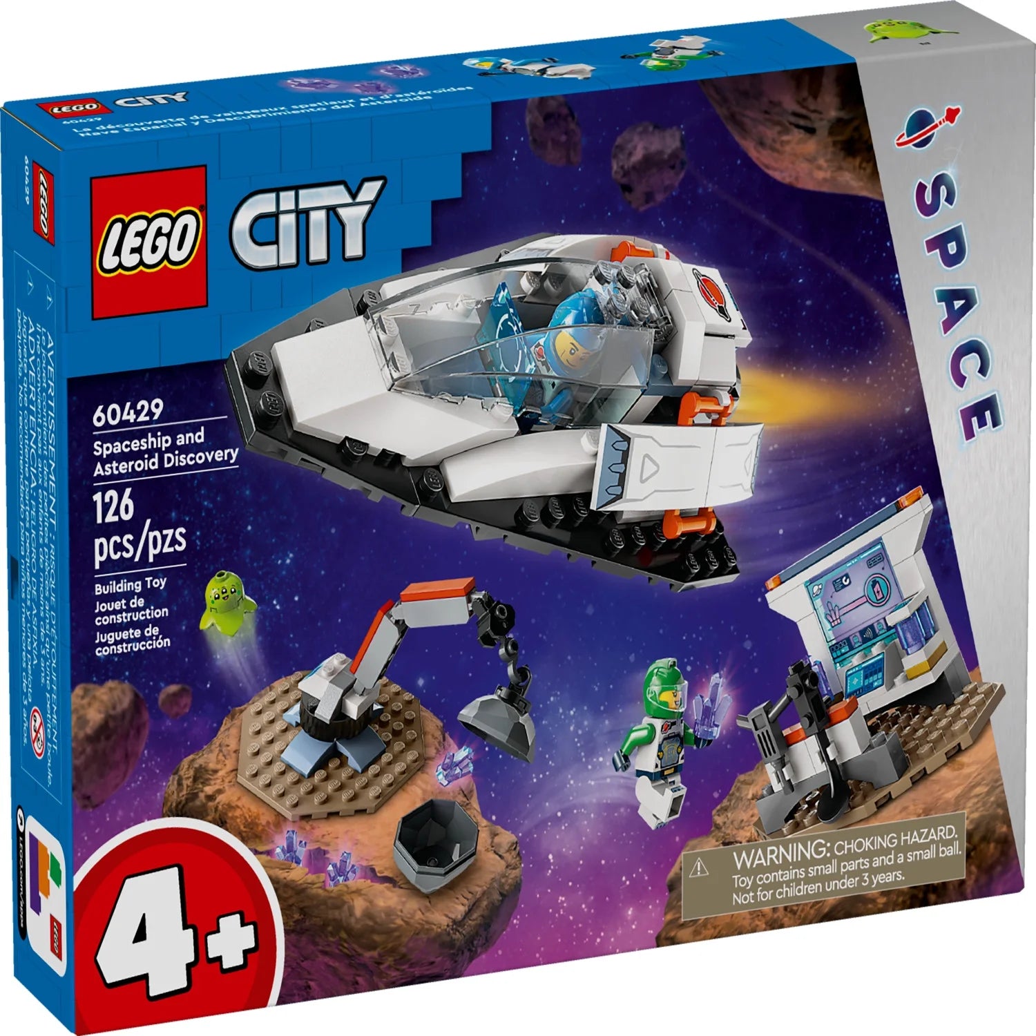 LEGO City Vaisseau spatial et découverte d'astéroïdes, ensemble de construction, cadeau pour les enfants de 4 ans et plus qui aiment le jeu d'imagination, comprend 2 figurines d'équipage spatial, un extraterrestre, des cristaux et une grue.