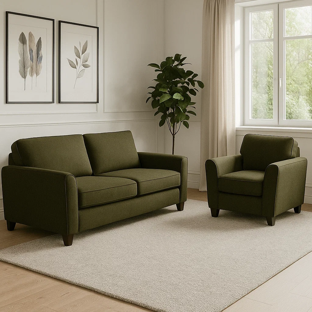 Ensemble canapé, 2 places et 1 place, tissu, vert olive, structurel, avec coussins, dimensions du canapé 180 x 80 x 85 cm, dimensions du fauteuil 80 x 80 x 85 cm - 7aJCHdbUxS24