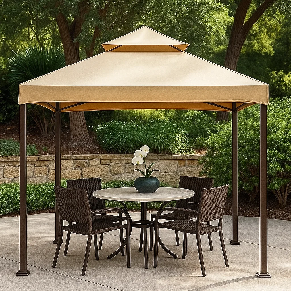 Tonnelle de jardin en métal avec toit pyramidal, couleur beige, dimensions 300 x 300 x 250 cm pour jardin extérieur - njYtRyk24ain