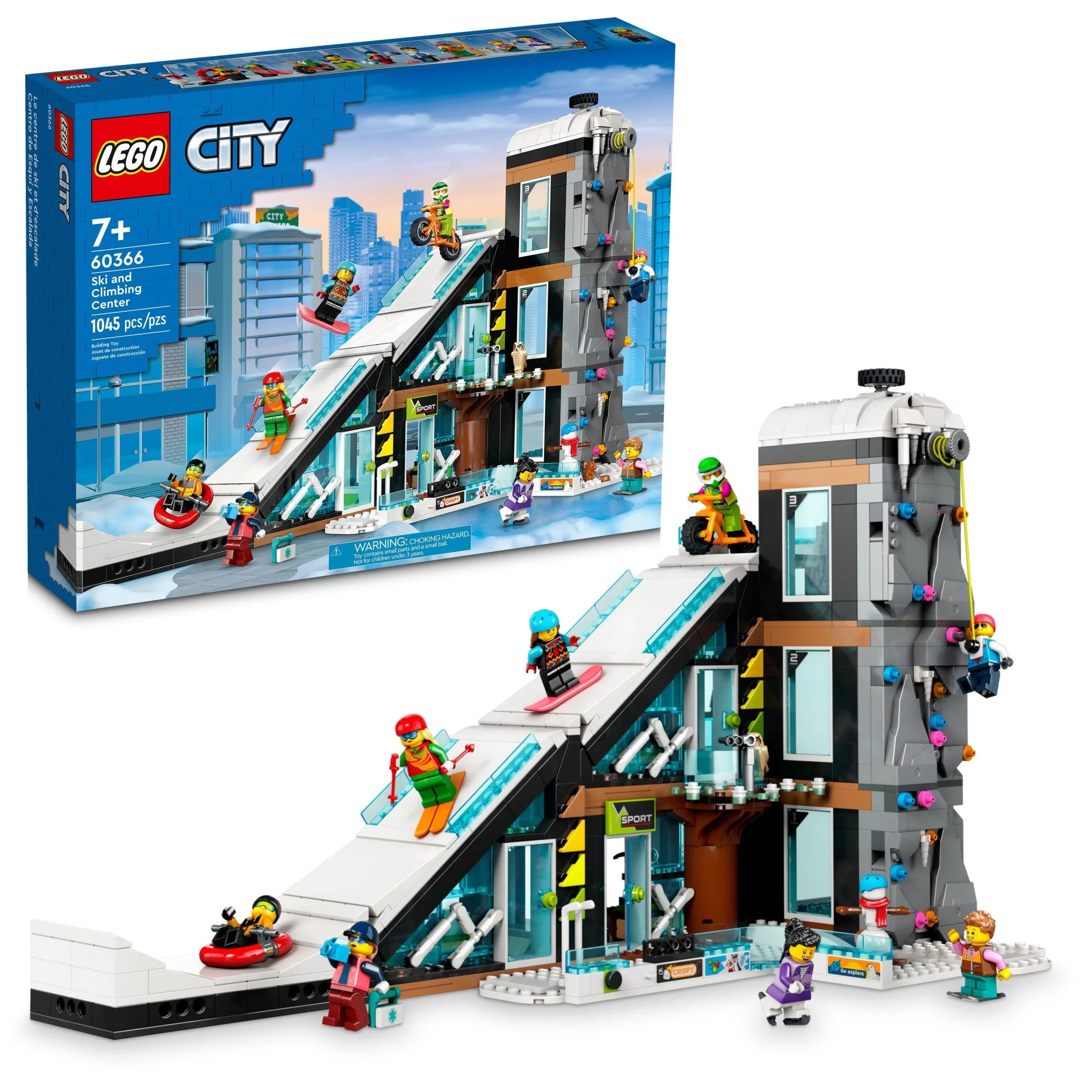 LEGO City Centre de ski et d'escalade 60366, ensemble de construction : bâtiment à 3 niveaux avec piste de ski, 8 minifigurines et 2 figurines d'animaux pour des jeux de sports d'hiver imaginatifs, une idée cadeau amusante pour les enfants et les pas