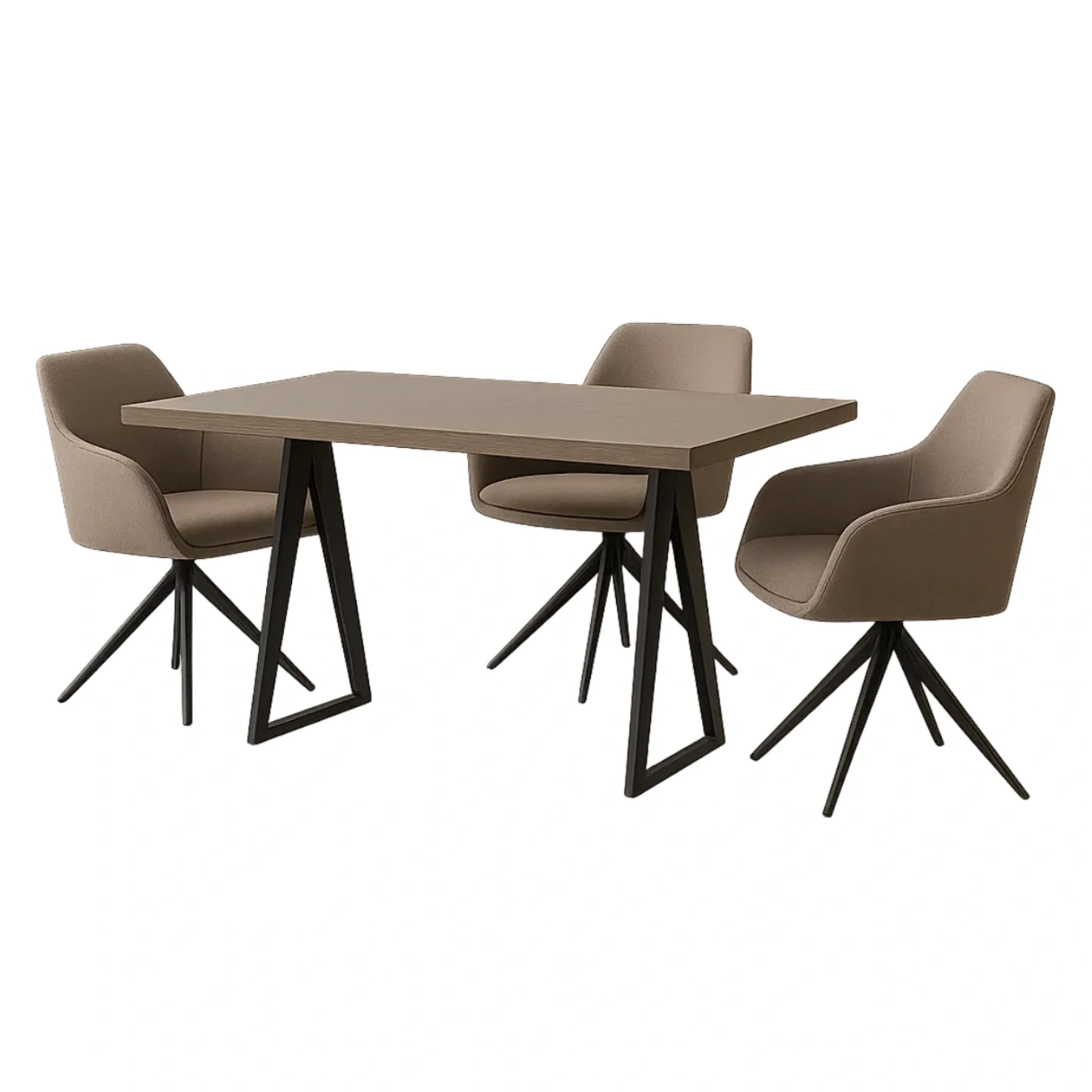 Ensemble de salle à manger 3 places, bois et tissu, couleur taupe, table rectangulaire avec pieds géométriques en métal, structure fixe, dimensions de la table : 140 x 80 x 75 cm ; dimensions des chaises : 55 x 56 x 83 cm. Pour les repas en intérieur