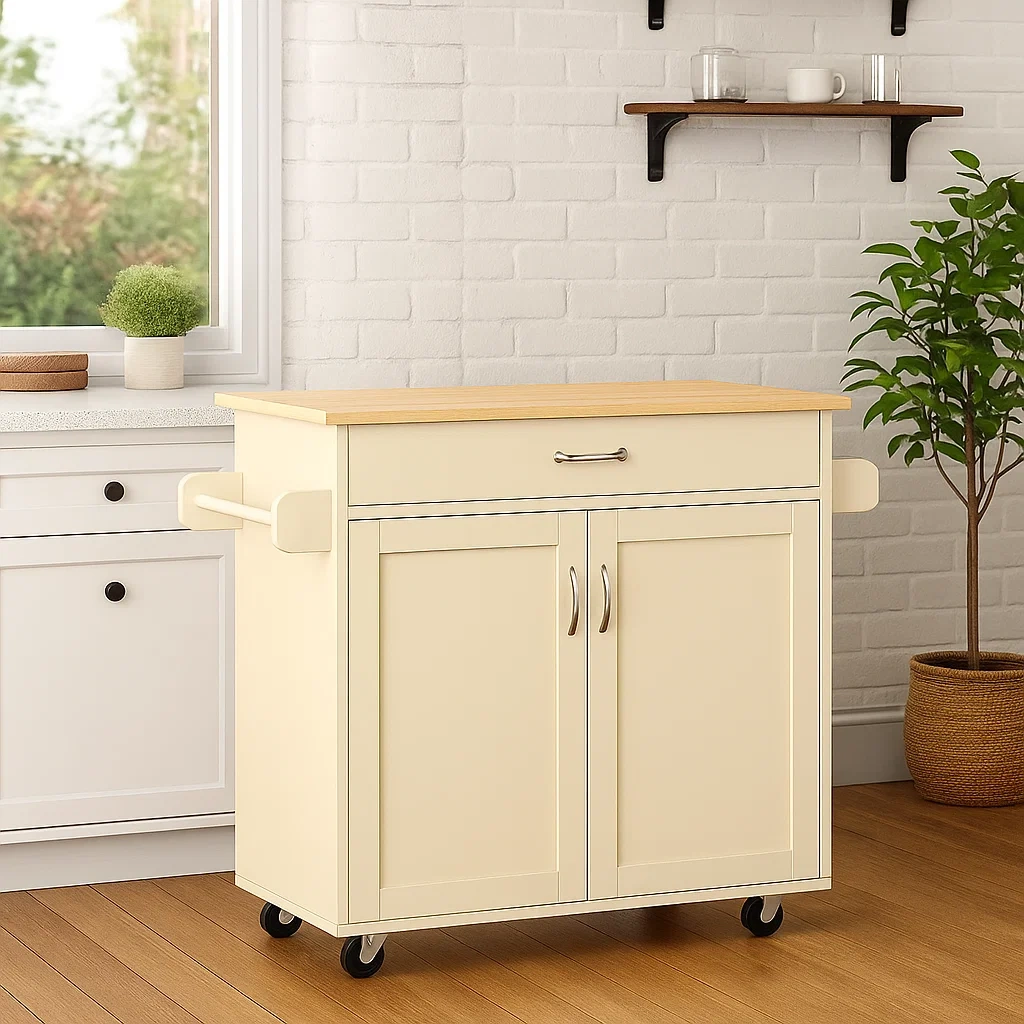 Îlot de cuisine sur roulettes, en bois et MDF, couleur crème, avec 1 tiroir et 2 portes, dimensions 80 x 45 x 85 cm, pour le rangement de la cuisine. - 8wKmCVsAyIYR