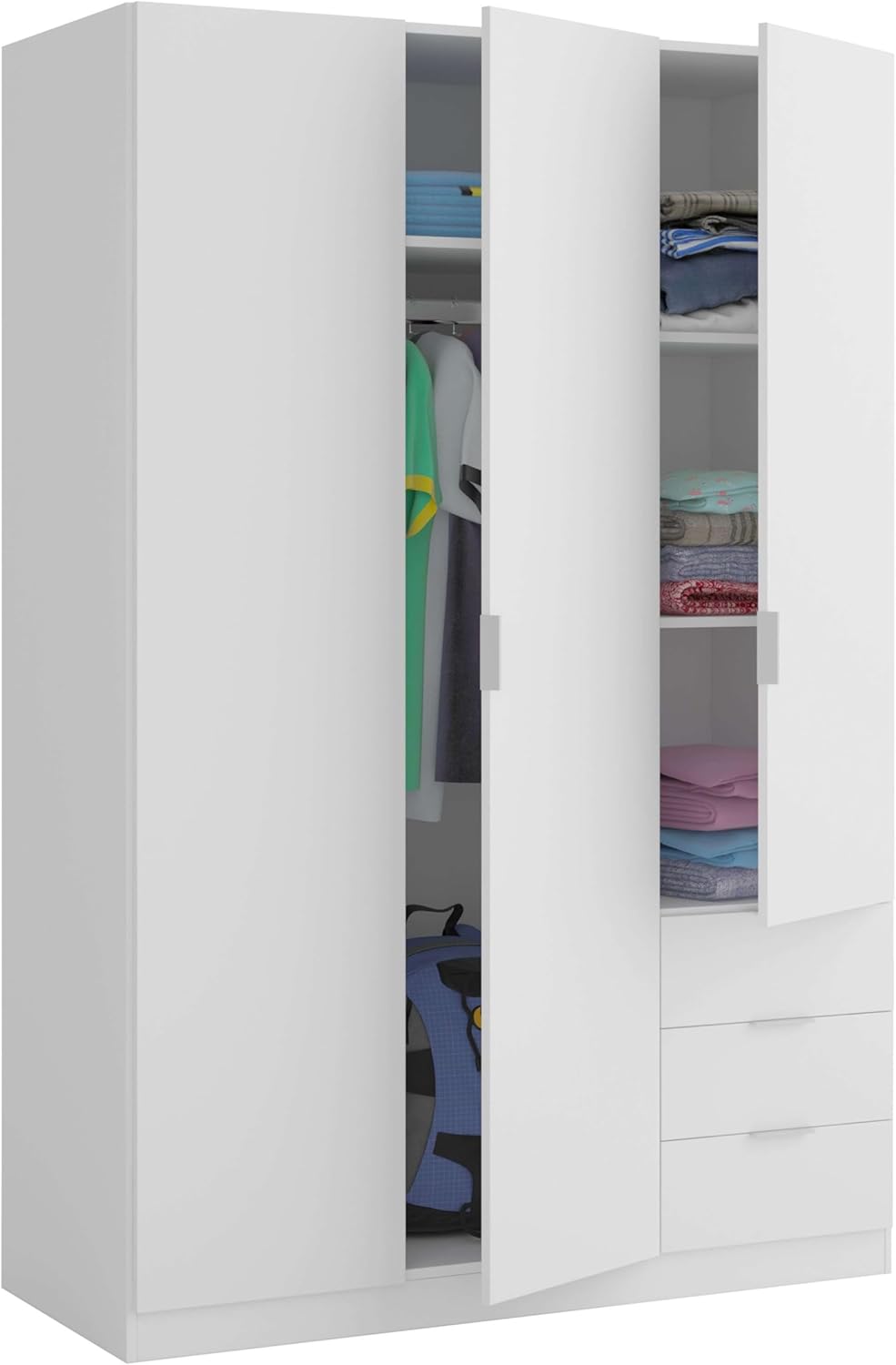 Penderie trois portes et trois tiroirs Habitdesign, finition blanc arctique, dimensions : 121 cm (l) x 180 cm (h) x 52 cm (p).