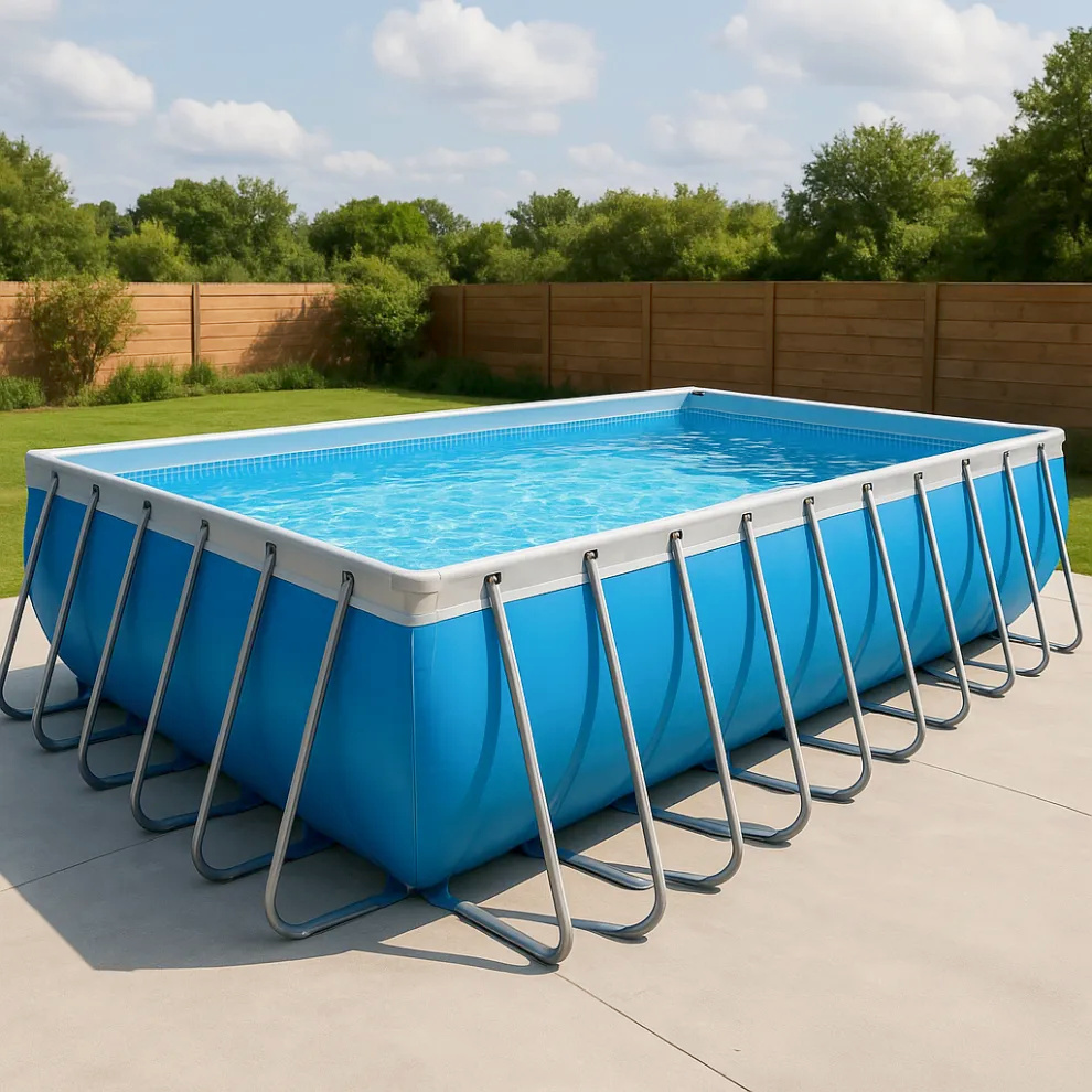 Piscine tubulaire rectangulaire en PVC et métal, bleue et blanche, pour jardin, dimensions : 732 x 366 x 132 cm, référence : dQNcrOG632CT