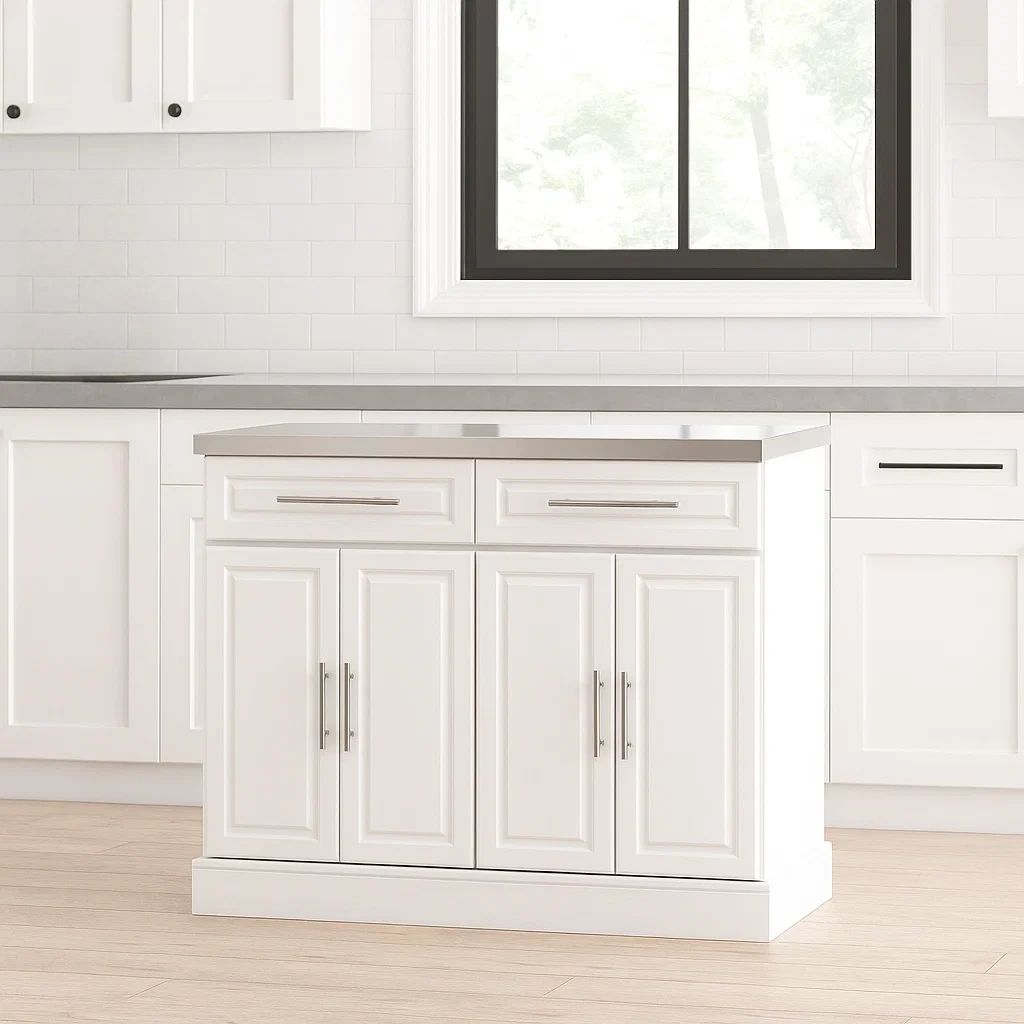 Îlot de cuisine blanc en bois et acier, dimensions : 145 x 45 x 93 cm