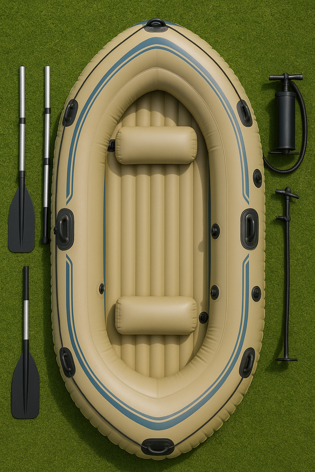 Bateau gonflable beige et bleu en PVC, idéal pour les lacs et les loisirs, dimensions : 228 x 115 x 41 cm, référence : nqeIJDi511cn