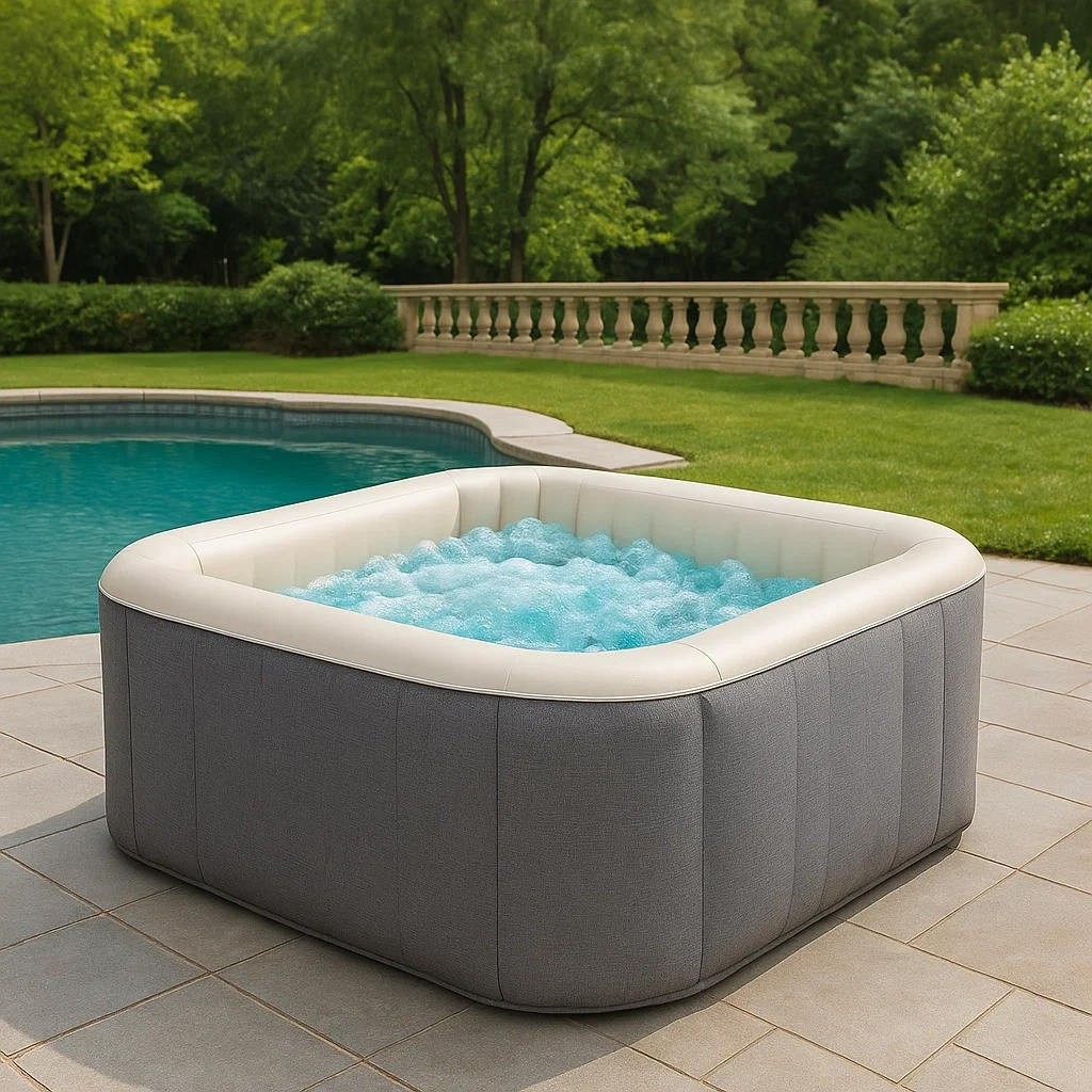 Spa gonflable carré pour 4 personnes, en PVC gris et blanc, dimensions 180 x 70 cm - es8XADnIBpPW