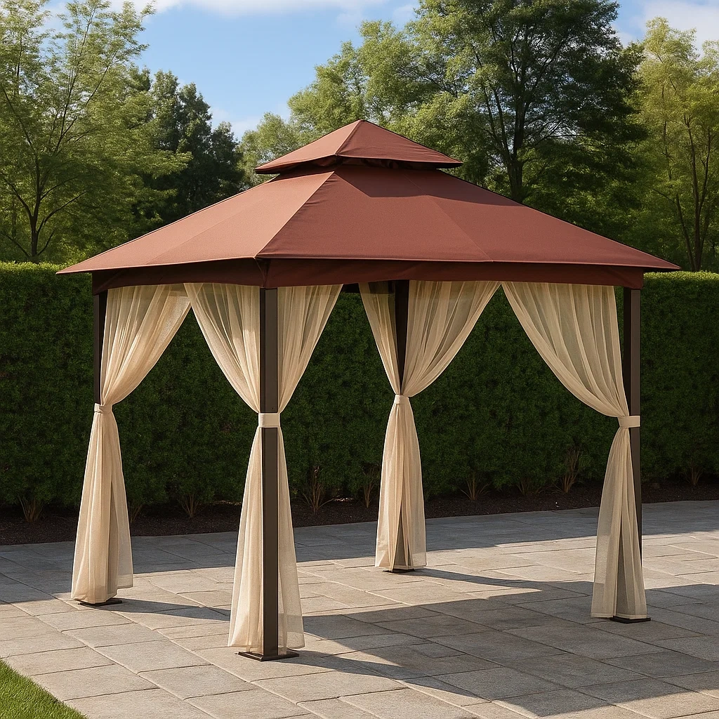 Kiosque et tonnelle, forme carrée, structure en métal et tissu, couleur marron, toit à quatre pans, autoportant, dimensions 300 x 200 x 270 cm, idéal pour jardin ou terrasse. - JzW1HbB2waR5