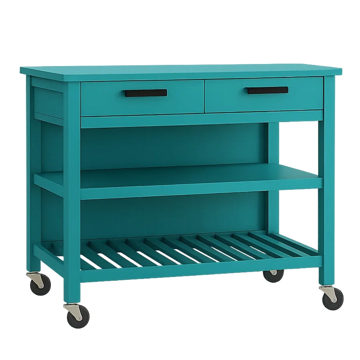 Îlot de cuisine rectangulaire à roulettes, en MDF vert turquoise, avec 2 tiroirs et étagères ouvertes, dimensions : 100 cm de long, 45 cm de large, 90 cm de haut, pour cuisine domestique. - p29J91SvgKKy