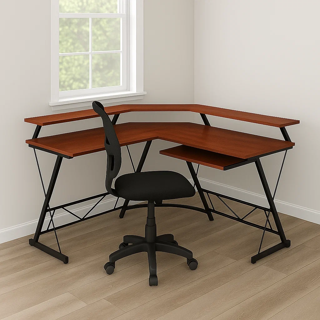 Bureau d'ordinateur en bois marron, d'angle, avec structure métallique, dimensions 120 x 120 x 75 cm, pour bureau ou espace de travail - pRBEUyR7FAjo