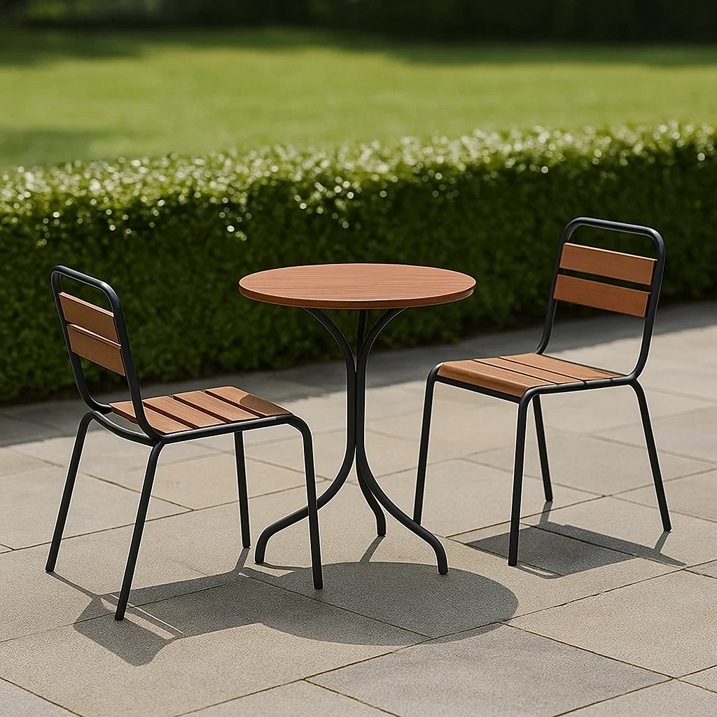 Ensemble de mobilier de jardin, composé de 2 chaises et 1 table, en acier et bois, coloris noir et bois, pour usage extérieur, dimensions de la table : 60 x 75 cm de diamètre, dimensions des chaises : 45 x 45 x 85 cm - etKeYSBDfx9s