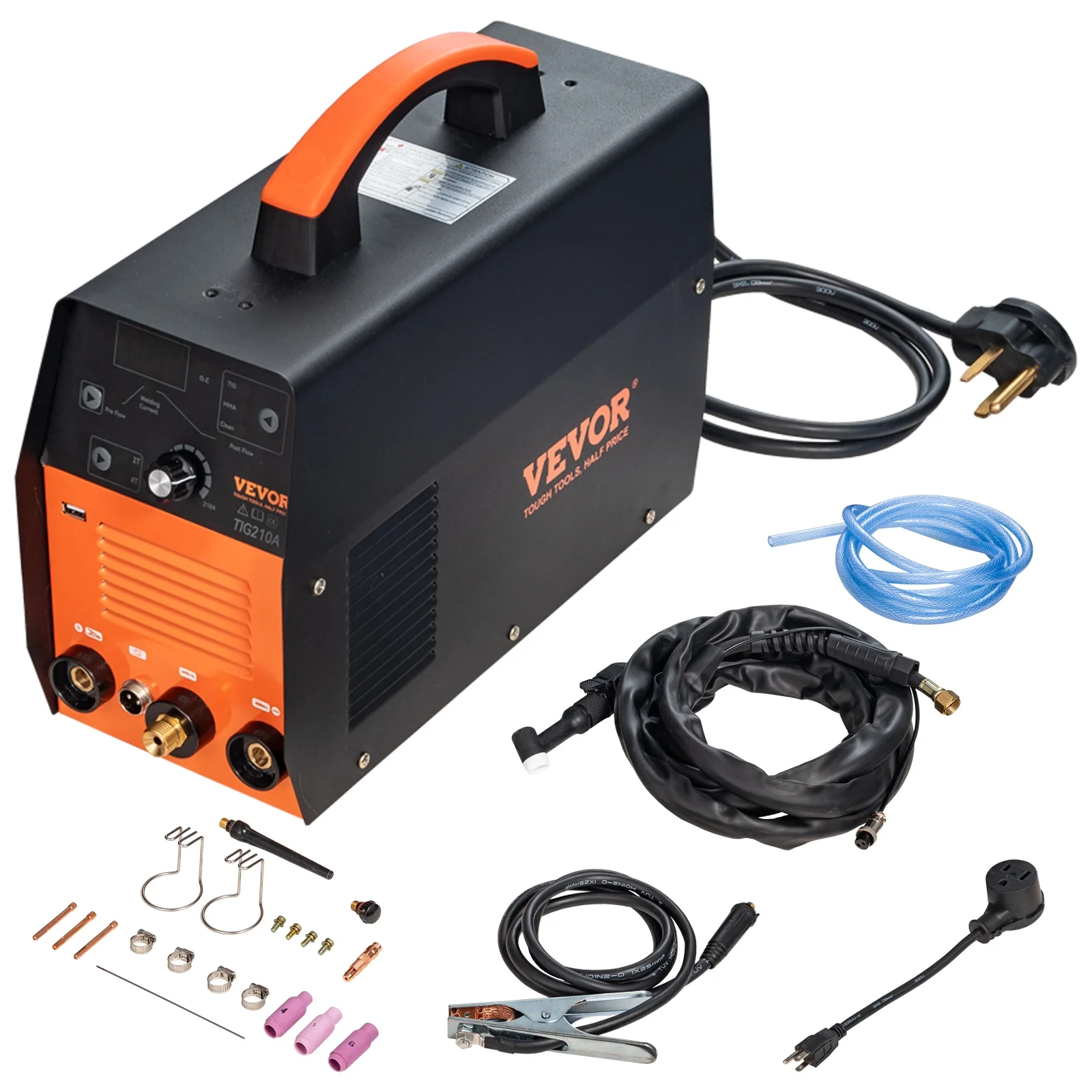 Poste à souder TIG 3-en-1 VEVOR 210A (2025). Double tension 110/220 V. Modes de soudage HF TIG / MMA / nettoyage USB. Onduleur et torche IGBT. Poste à souder à l'arc numérique pour acier inoxydable, fer, acier de construction, cuivre et nickel.