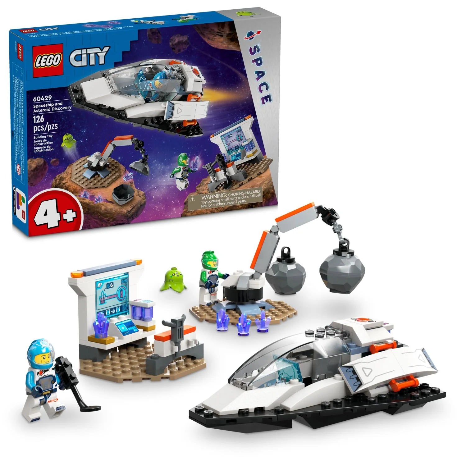 LEGO City Vaisseau spatial et découverte d'astéroïdes, ensemble de construction, cadeau pour les enfants de 4 ans et plus qui aiment le jeu d'imagination, comprend 2 figurines d'équipage spatial, un extraterrestre, des cristaux et une grue.