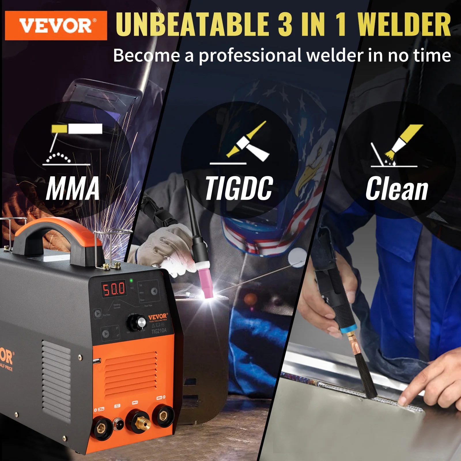 Poste à souder TIG 3-en-1 VEVOR 210A (2025). Double tension 110/220 V. Modes de soudage HF TIG / MMA / nettoyage USB. Onduleur et torche IGBT. Poste à souder à l'arc numérique pour acier inoxydable, fer, acier de construction, cuivre et nickel.