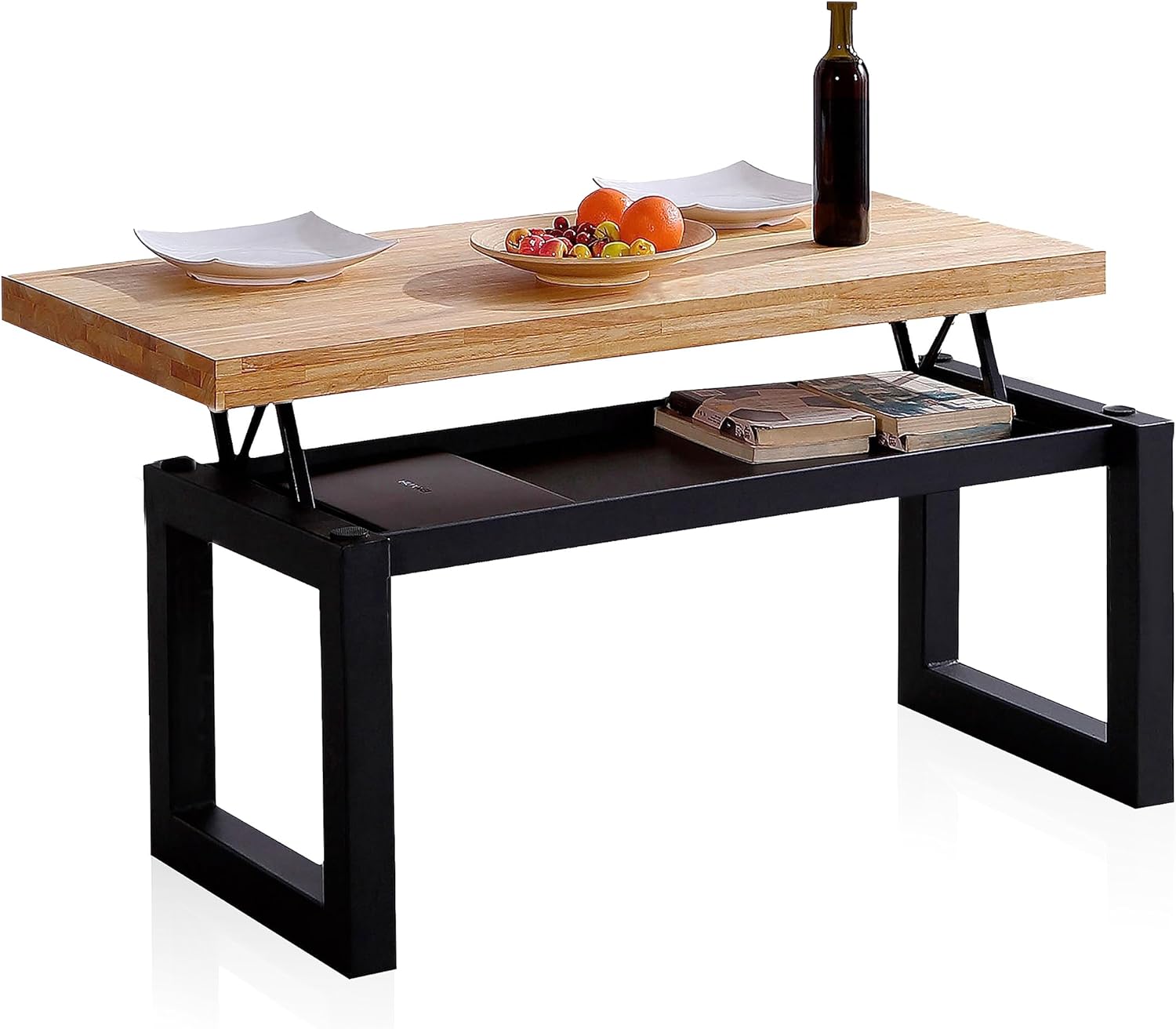 Duehome | Loft, Table basse relevable, Table à manger, finition chêne et blanc, Dimensions : 120 cm (L) x 60 cm (l) x 47,5/62 cm (H)