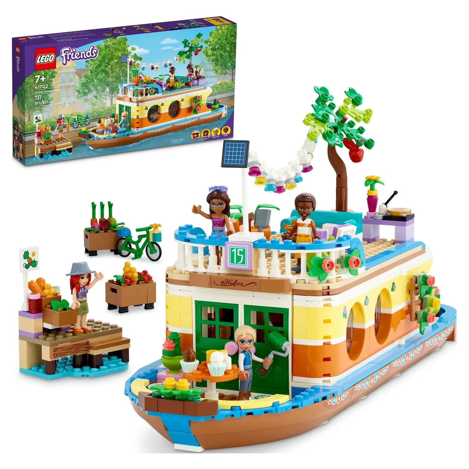 LEGO Friends Canal Houseboat 41702 Kit de construction ; Comprend 4 mini-poupées, dont Mia, et 1 animal ; Cadeau d'anniversaire pour les enfants de 7 ans et plus (737 pièces)