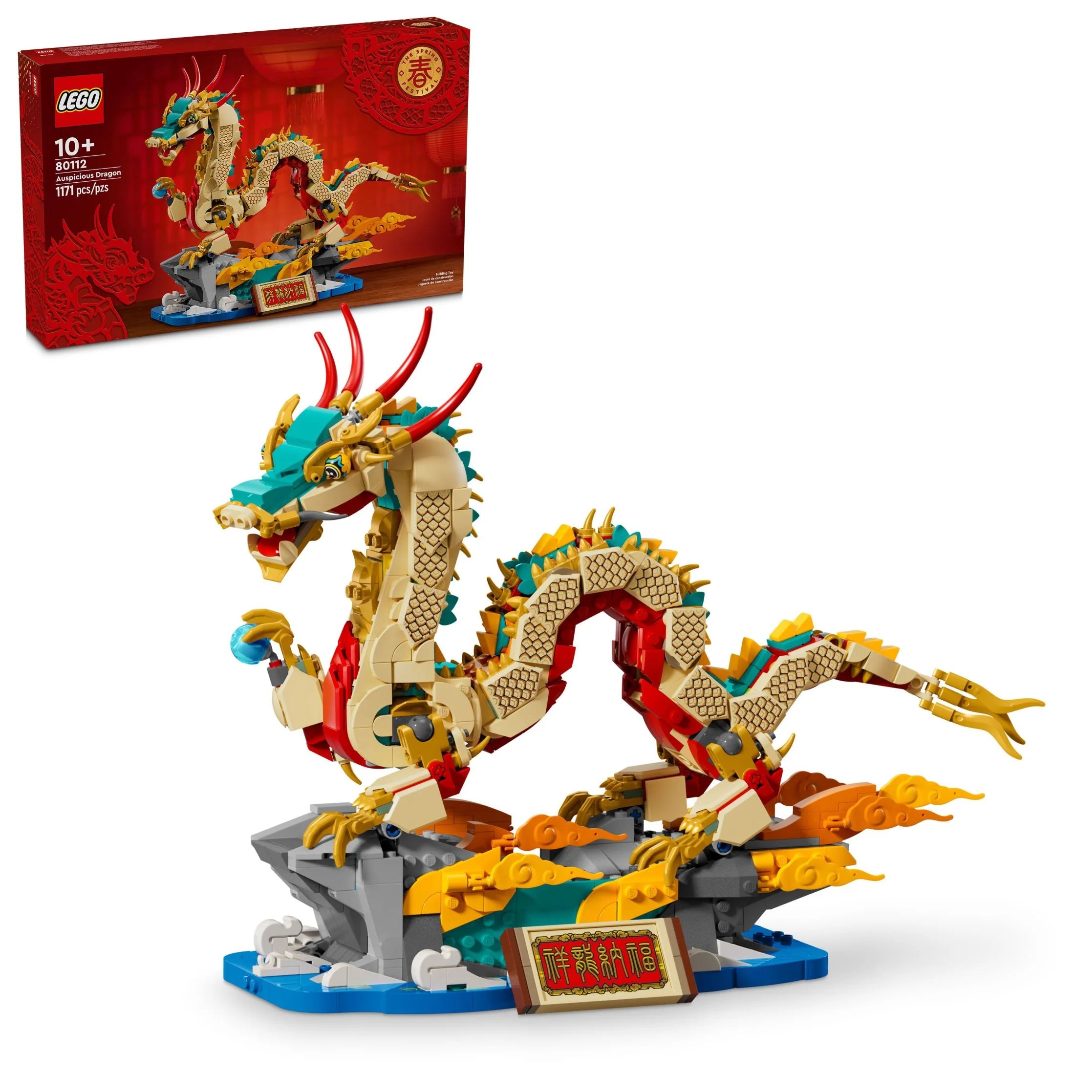 Figurine de dragon porte-bonheur LEGO pour la Fête du Printemps, jouet éducatif pour enfants, ensemble de construction de dragon, superbe décoration pour la Fête du Printemps ou cadeau unique pour les garçons et les filles de 10 ans et plus, 80112