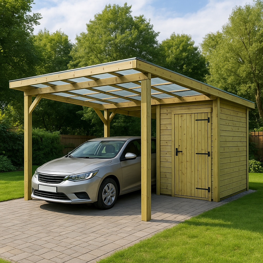 Abri de voiture avec pergola et remise, en pin brun, pour jardin extérieur, dimensions : 649 x 322 x 269 cm