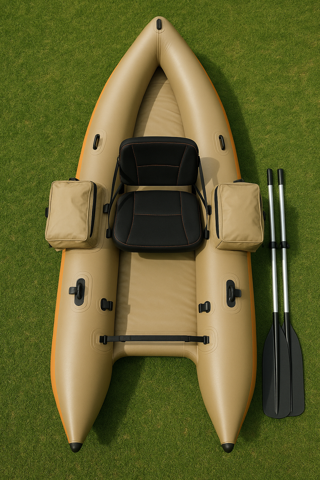 Bateau gonflable beige avec siège noir, en PVC, idéal pour la pêche en lac, dimensions : 190 x 110 x 55 cm, référence BzZyfOu518XC