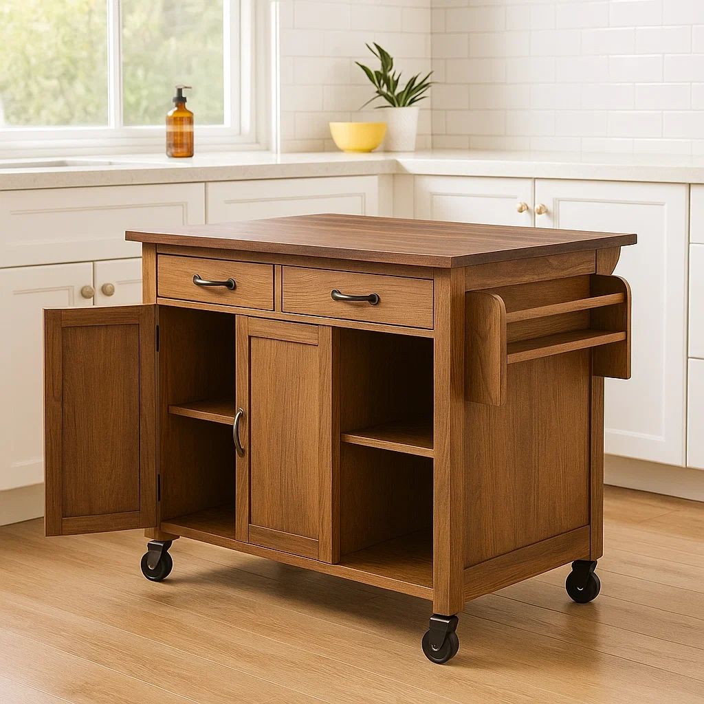 Îlot de cuisine, meuble de cuisine sur roulettes, 2 tiroirs, 2 étagères ouvertes et 2 compartiments avec portes, dimensions 80 x 40 x 85 cm, pour cuisine domestique - FKOCzhsi5yGH