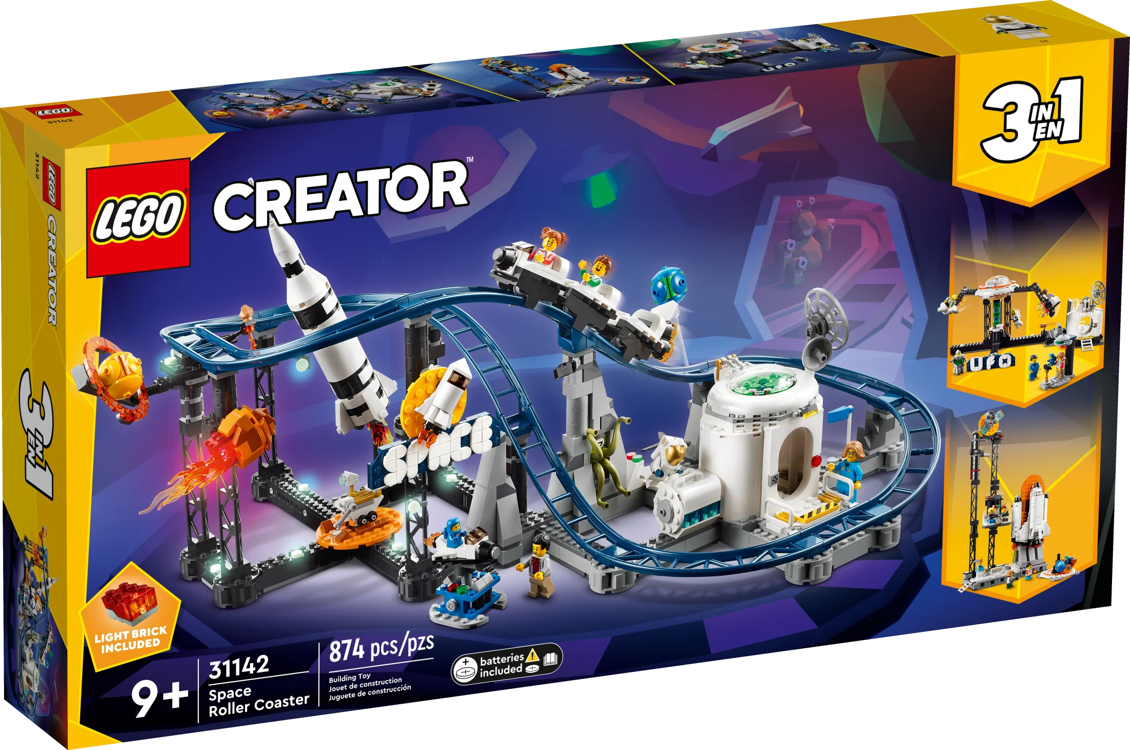 LEGO Creator Space Coaster 3-en-1, parc d'attractions reconstructible, construisez des montagnes russes tournantes, une tour de chute ou un carrousel rotatif, avec 5 figurines, ensemble de construction pour enfants de 9 ans et plus, 31142