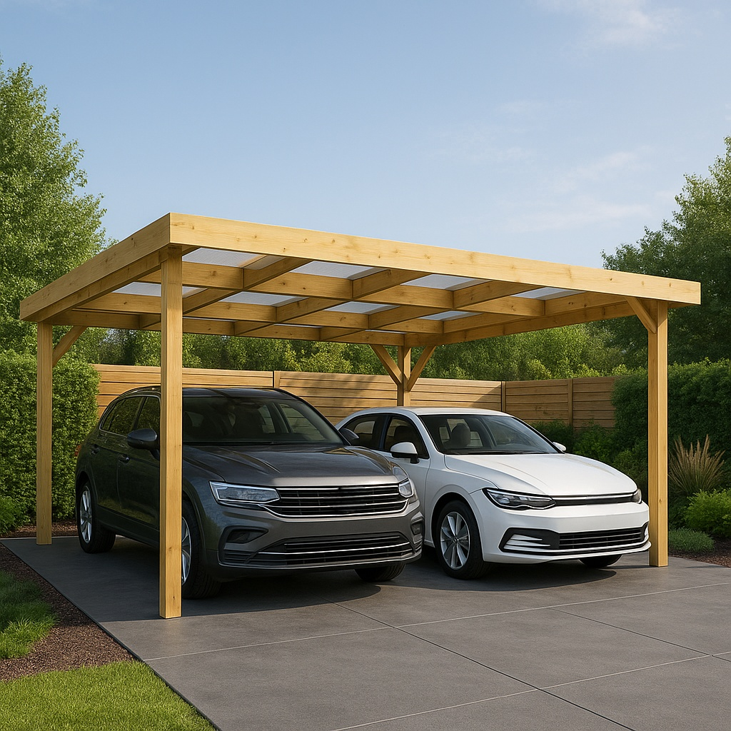 Store double beige en bois et polycarbonate, adapté à un usage extérieur, dimensions 500 x 600 x 270 cm