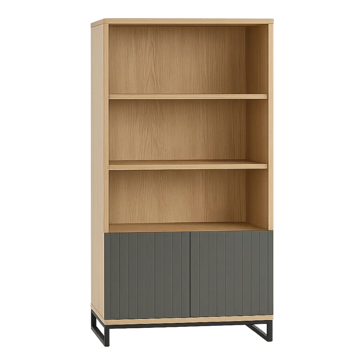 Bibliothèque, structure en bois, 3 étagères, portes en bois gris, sur pied, coloris naturel et gris, dimensions 80 x 35 x 180 cm - cRdhDRF1FDUn