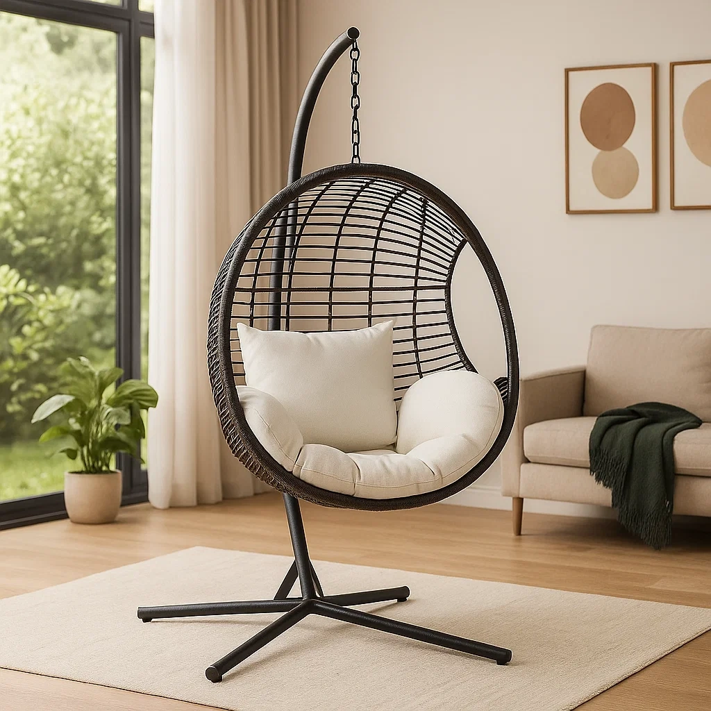 Fauteuil suspendu rond en rotin et métal, coloris noir et beige, avec support, pour jardin ou terrasse, dimensions 90 x 90 x 195 cm - OdA8DmTBcaUJ