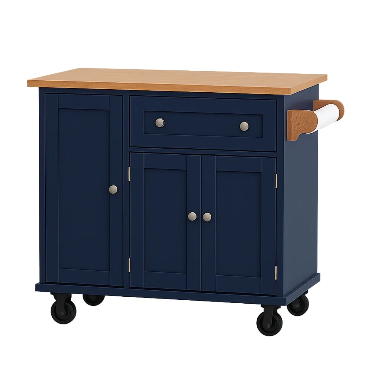 Îlot de cuisine rectangulaire à roulettes, en MDF bleu, avec plan de travail en bois, portes et tiroir. Dimensions : 90 cm de long, 40 cm de large, 85 cm de haut. Idéal pour les cuisines domestiques. - 36V25Gm9ReFU