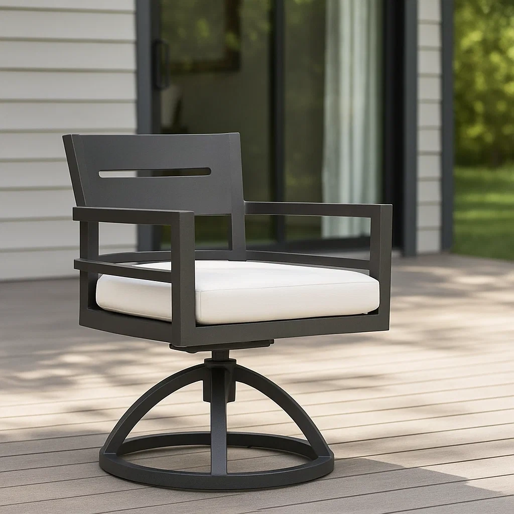 Chaise de jardin en aluminium noir avec coussin, dimensions : 53 x 57 x 78 cm.