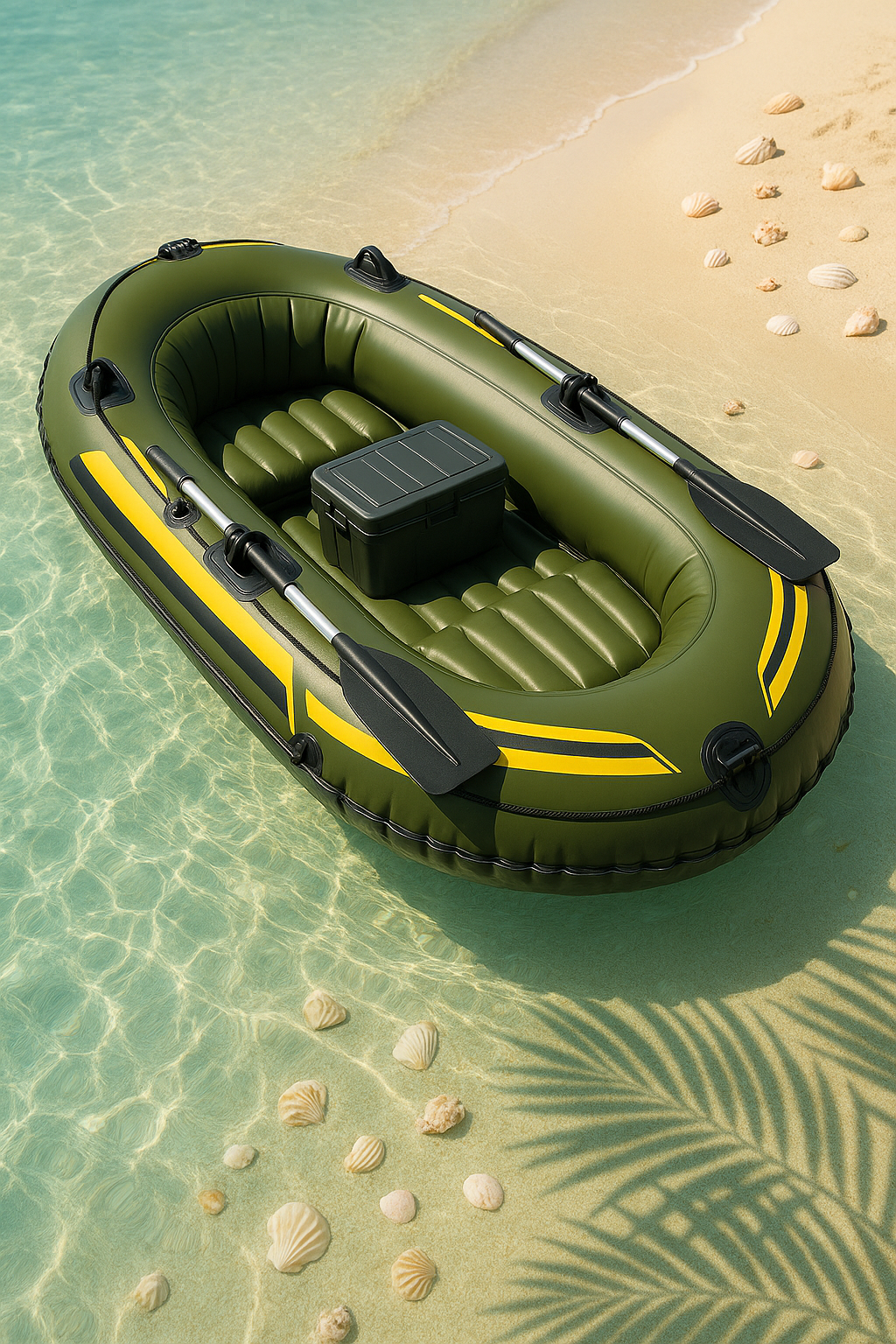 Bateau gonflable en PVC vert et noir, idéal pour la pêche et les loisirs, dimensions : 291 x 127 x 46 cm, référence : vMUIzPU529bK