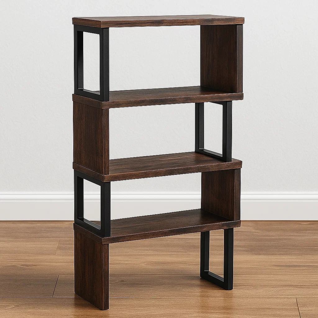 Bibliothèque à trois étagères, structure en métal et bois, design moderne, marron et noir, sur pied, dimensions 80 x 30 x 150 cm - OGfn0V23ekJH