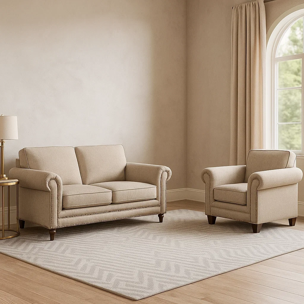 Ensemble canapé 2 places et 1 fauteuil, structure en bois, coussins en mousse, revêtement en tissu beige, pour salon, dimensions canapé 150 x 85 x 90 cm, dimensions fauteuil 80 x 85 x 90 cm - CJTPPzOYlAjO