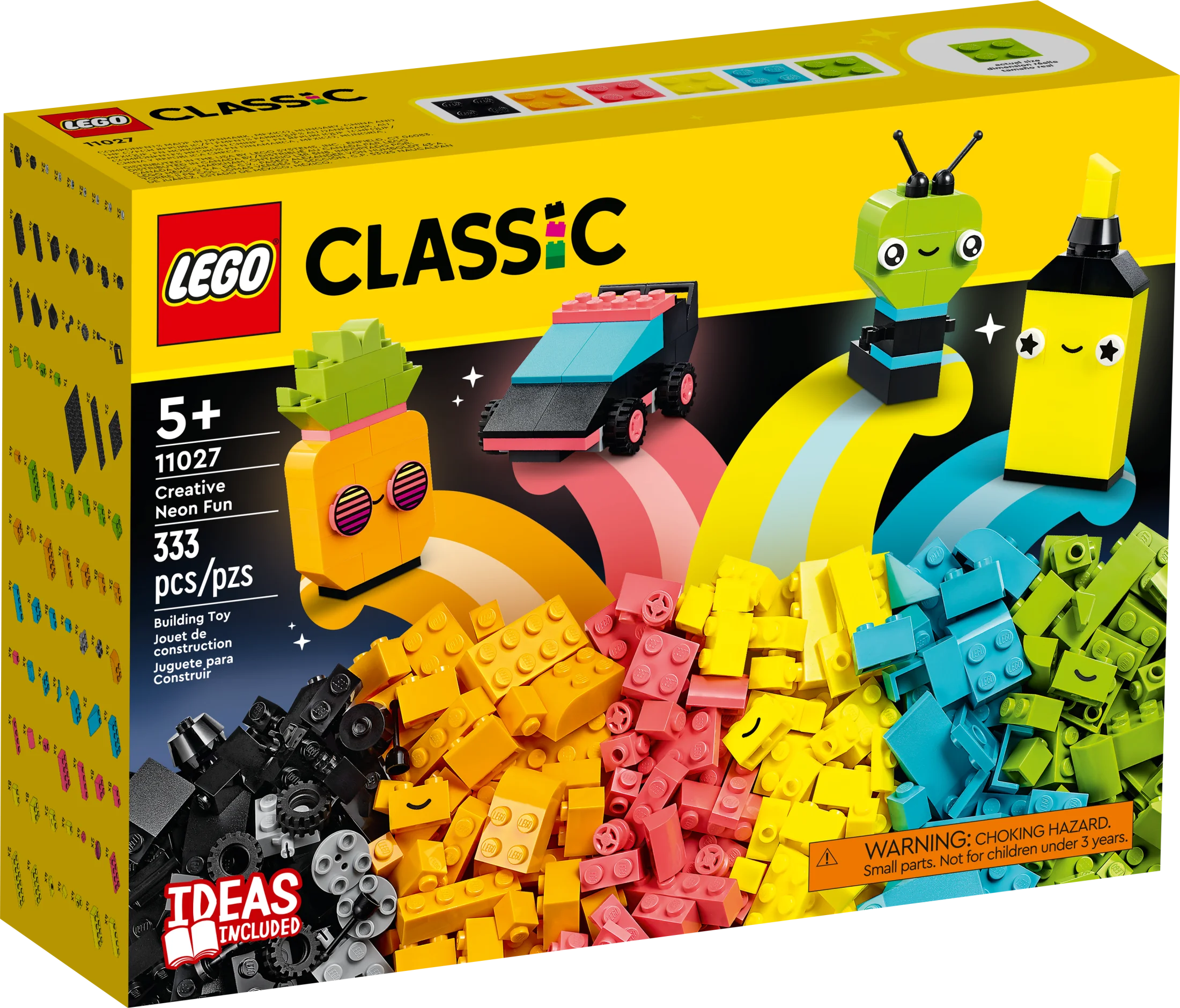 LEGO Classic Boîte de briques créatives aux couleurs fluo amusantes 11027, jouet de construction pour créer une voiture, un ananas, un extraterrestre, des patins et plus encore, pour garçons et filles à partir de 5 ans