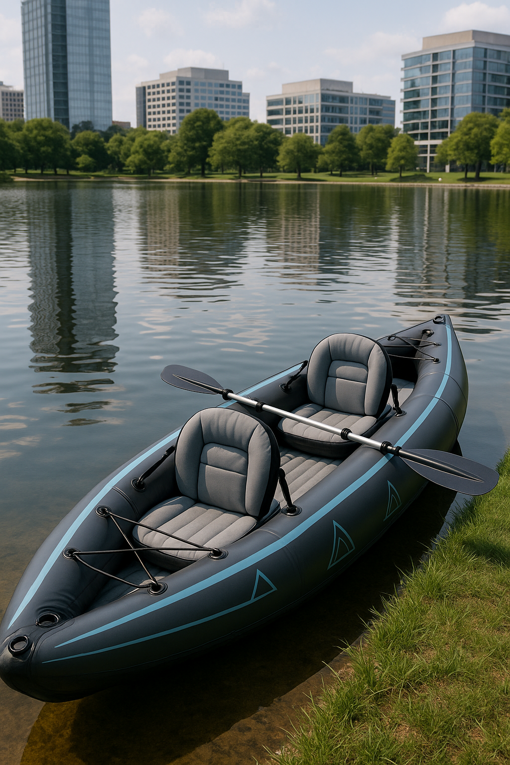 Kayak gonflable en PVC bleu foncé/gris, idéal pour les lacs et les rivières, dimensions 376 x 77 x 34 cm, référence LzayviN504We