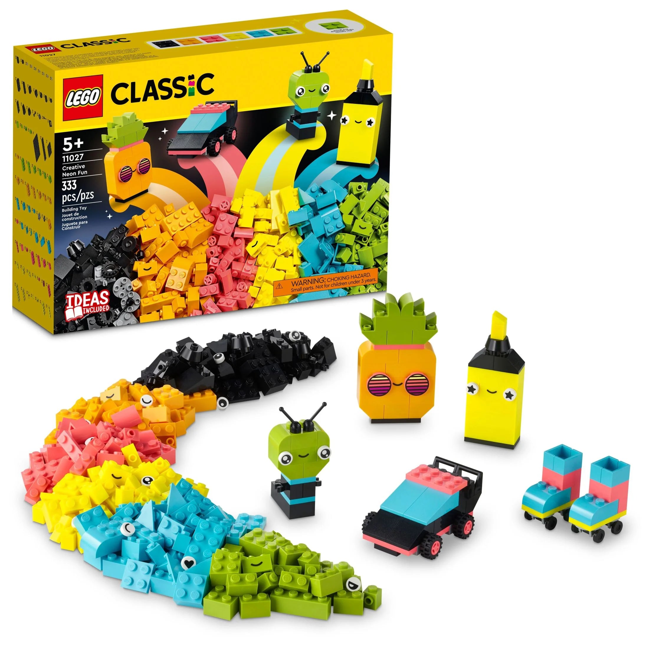 LEGO Classic Neon Creative Brick Box Set 11027, jeu de construction pour créer une voiture, un ananas, un extraterrestre, des patins à roulettes et bien d'autres idées de construction, pour les garçons et les filles à partir de 5 ans