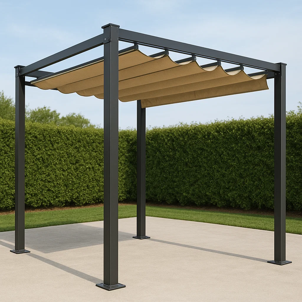 Pergola avec store enroulable - Noir et beige, aluminium et tissu - pour usage extérieur, dimensions approximatives : 400 x 400 x 250 cm PWIldGJ330qs