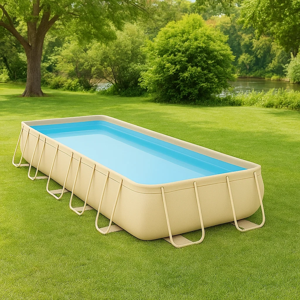 Piscine tubulaire rectangulaire, capacité 7000 litres, en PVC et acier, couleur beige, à monter soi-même, dimensions : 400 x 200 x 100 cm - 0drXdExcBYAN