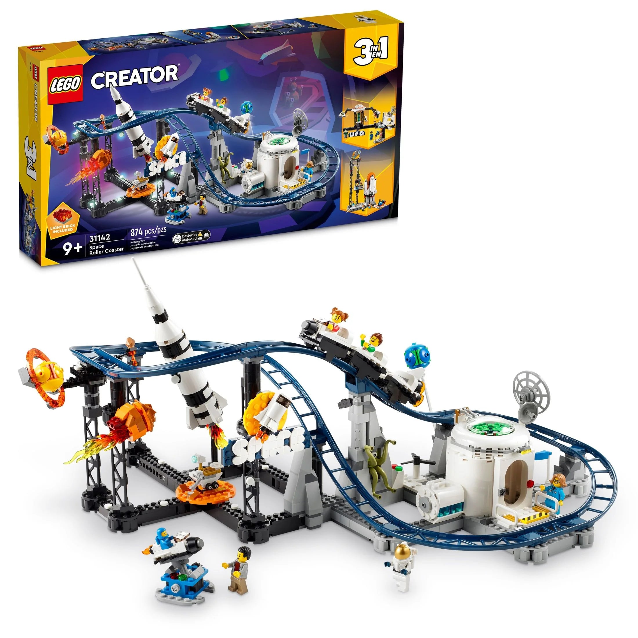 LEGO Creator Space Coaster 3-en-1, parc d'attractions reconstructible, construisez des montagnes russes tournantes, une tour de chute ou un carrousel rotatif, avec 5 figurines, ensemble de construction pour enfants de 9 ans et plus, 31142