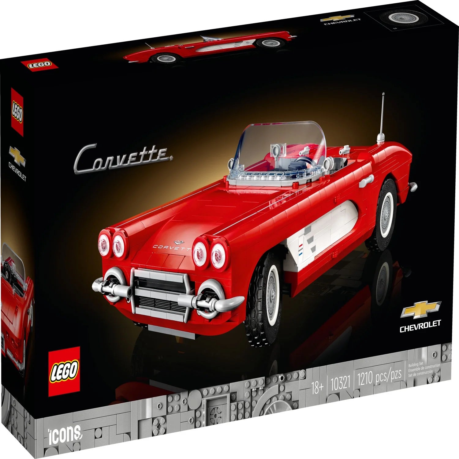 LEGO Icons Corvette 10321 – Jeu de construction de voitures classiques pour adultes, idée cadeau pour les amateurs de voitures classiques. Construisez et exposez cette réplique d'une voiture américaine emblématique.