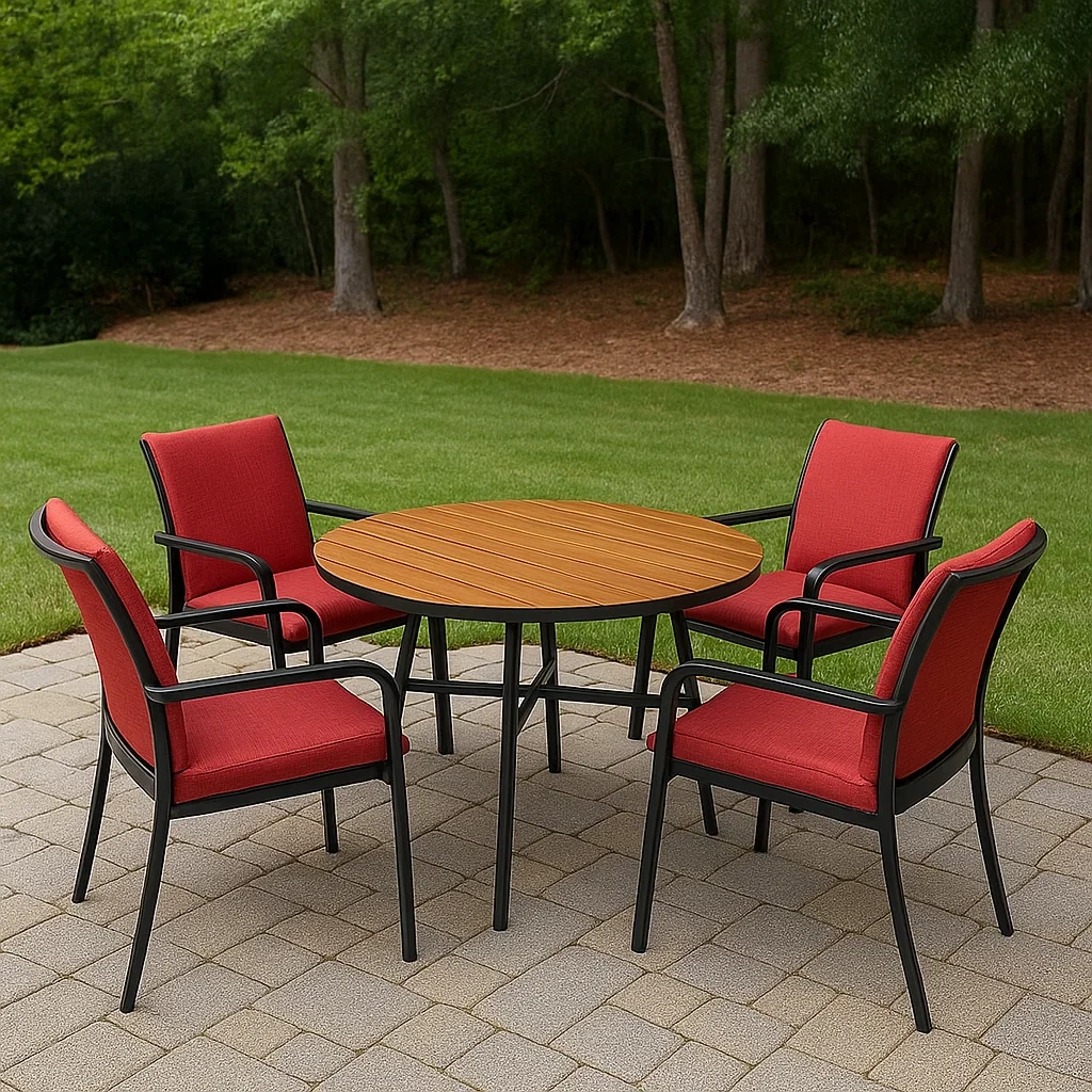 Ensemble table et chaises de jardin 4 places, aluminium et bois brun et rouge, forme ronde, diamètre de la table 90 x 72 cm, dimensions des chaises 58 x 60 x 88 cm, pour terrasse ou jardin extérieur - nXtTEJB1sDo8