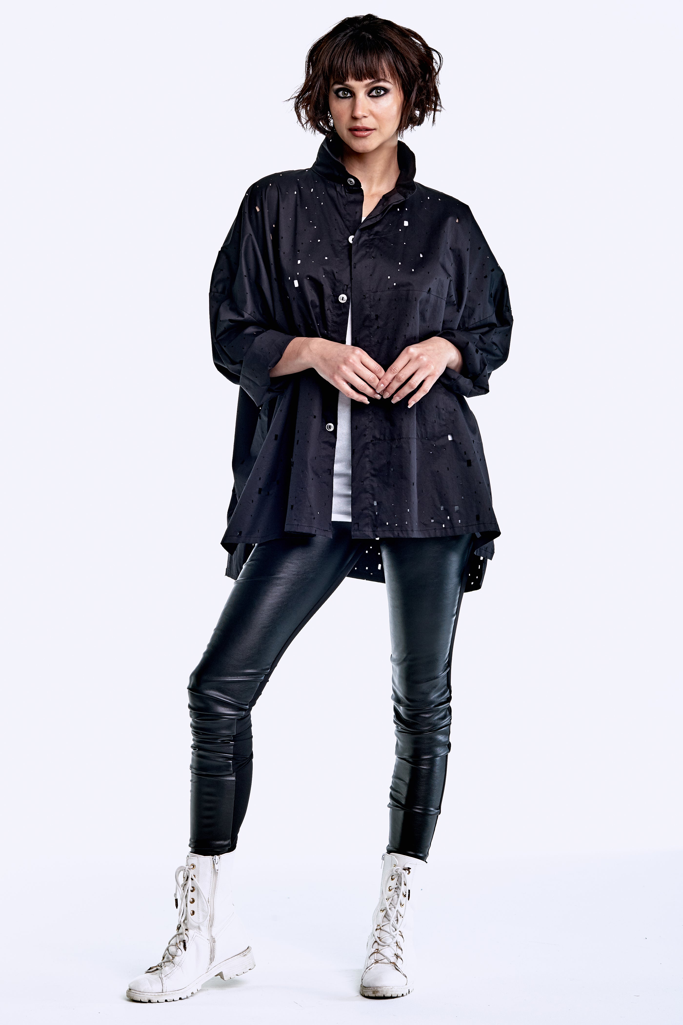 Cotton Square-Hole Signature Shirt