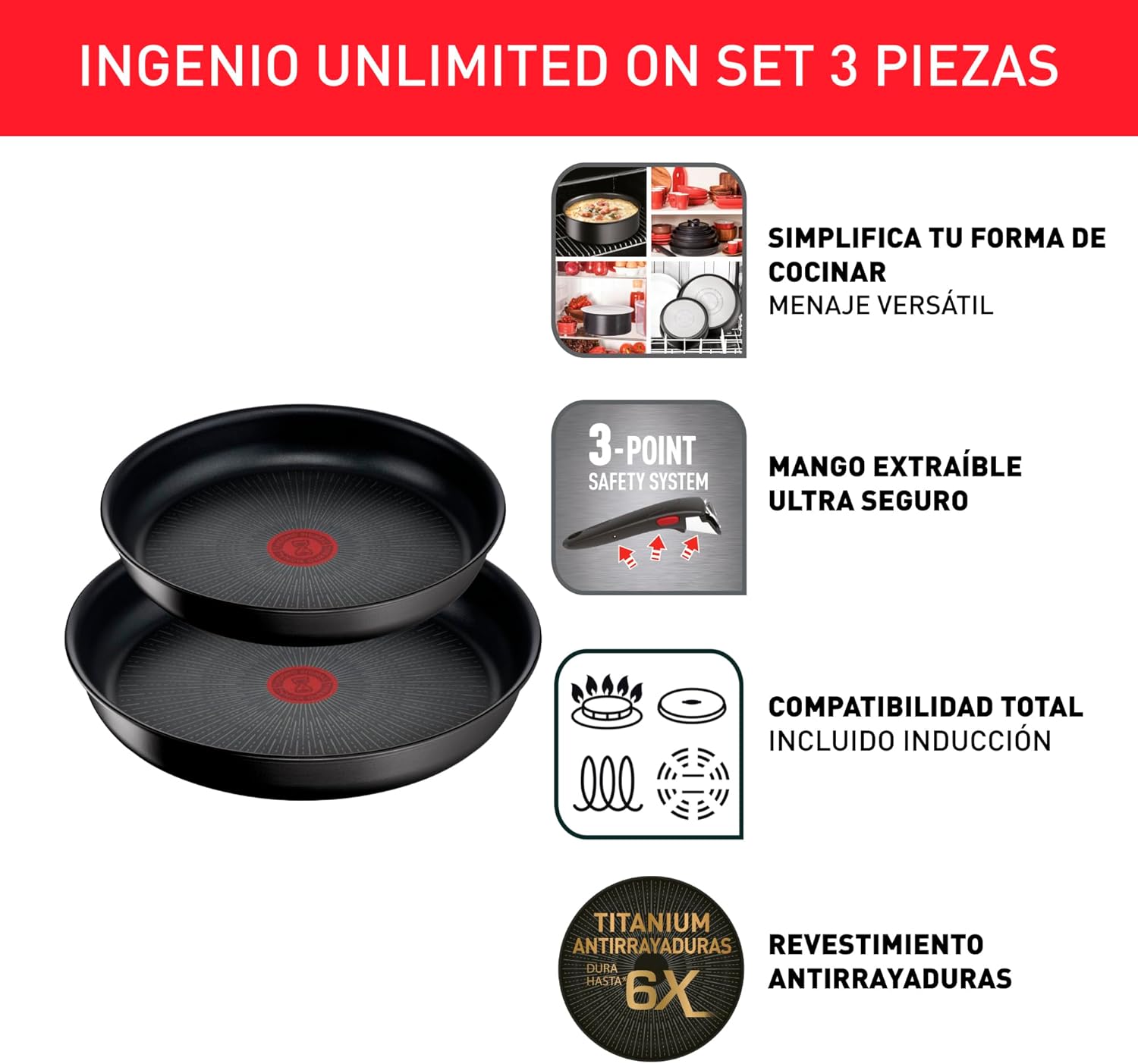 Tefal Ingenio Unlimited On – zestaw 3 garnków 16/18/20 cm + zdejmowana rączka | Nadaje się do kuchenek indukcyjnych, nieprzywierająca powłoka, powłoka tytanowa, Thermo-signal, bez PFOA, można myć w zmywarce i piekarniku