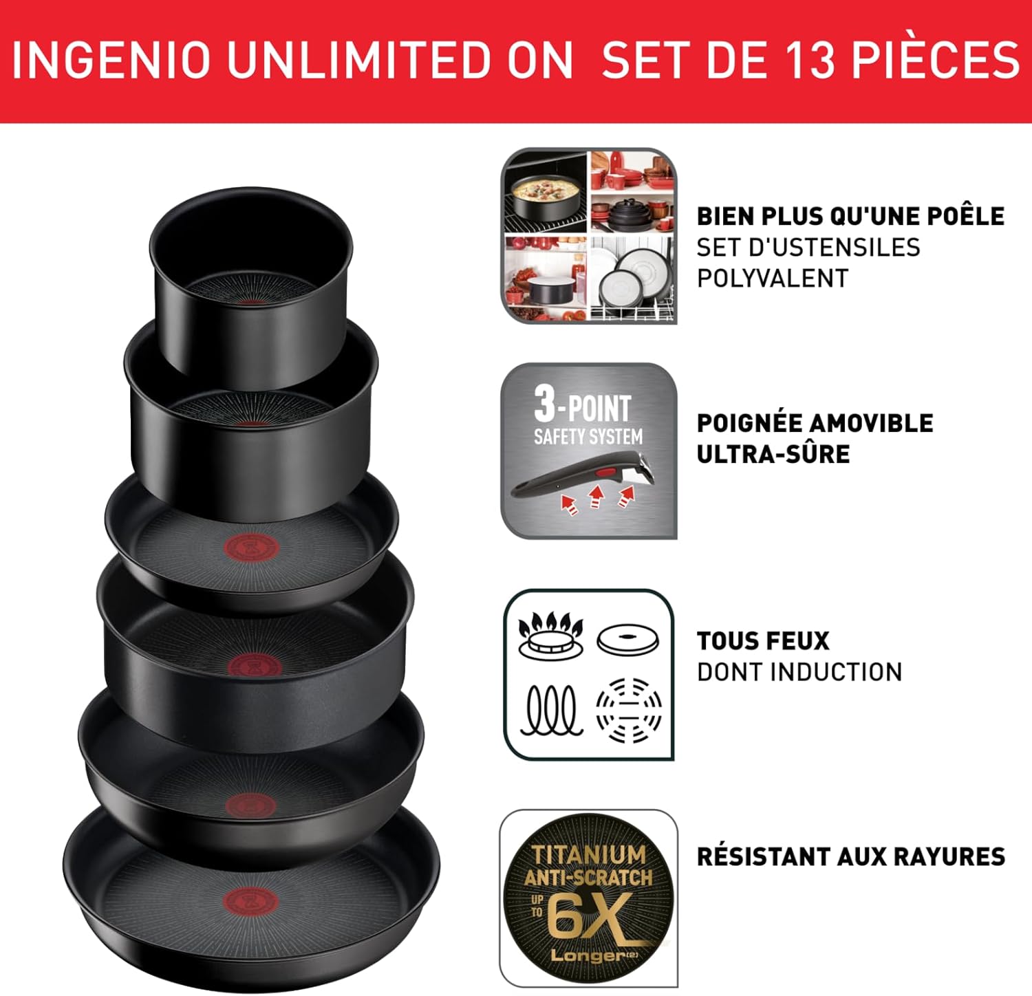 Tefal Ingenio Unlimited On – zestaw 3 garnków 16/18/20 cm + zdejmowana rączka | Nadaje się do kuchenek indukcyjnych, nieprzywierająca powłoka, powłoka tytanowa, Thermo-signal, bez PFOA, można myć w zmywarce i piekarniku