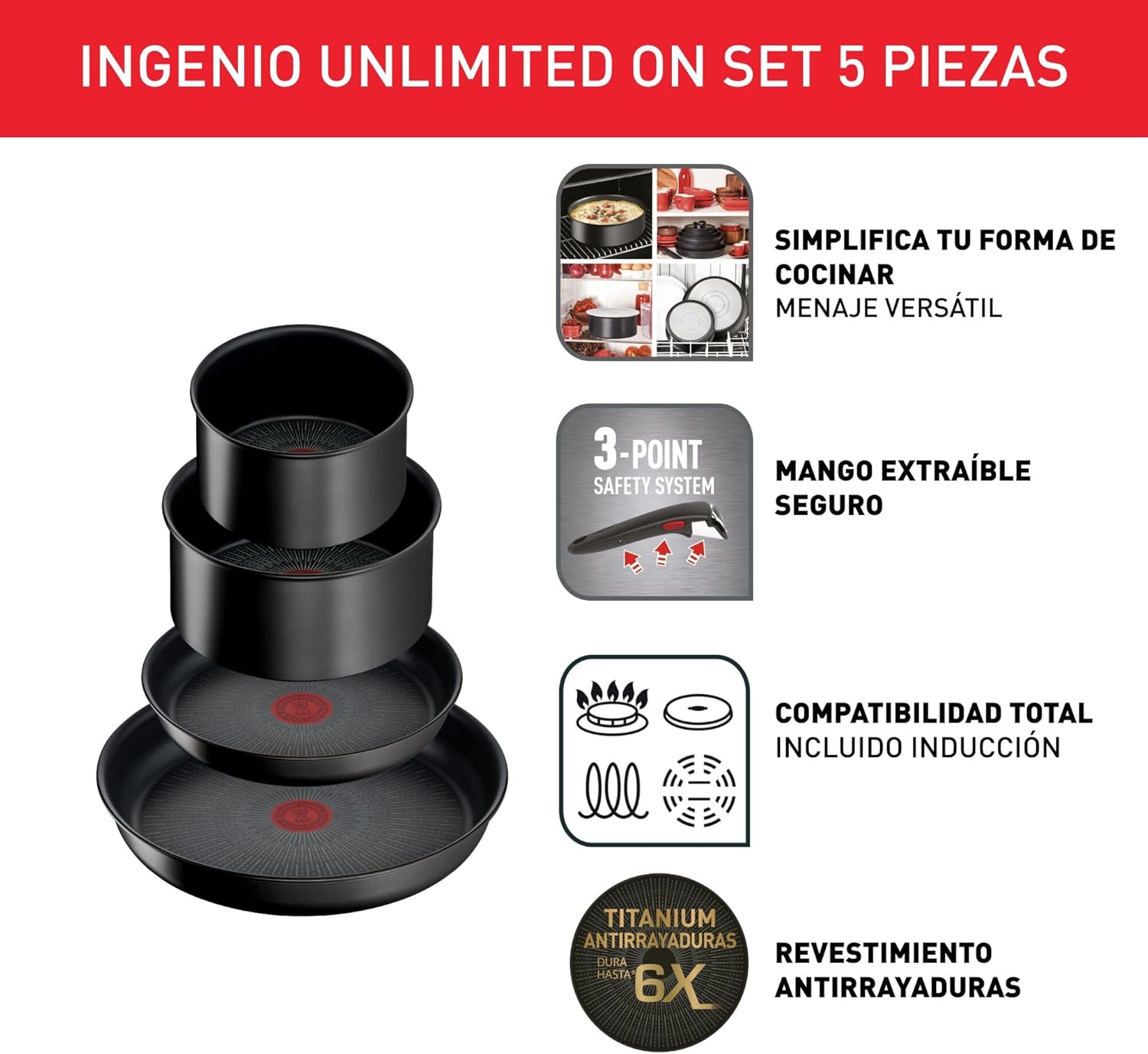 Tefal Ingenio Unlimited On – zestaw 3 garnków 16/18/20 cm + zdejmowana rączka | Nadaje się do kuchenek indukcyjnych, nieprzywierająca powłoka, powłoka tytanowa, Thermo-signal, bez PFOA, można myć w zmywarce i piekarniku